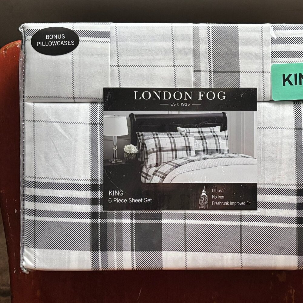 6-pc London Fog KING SIZE Plaid Sheet Set BLACK/GREY (2 extra pillowcases)